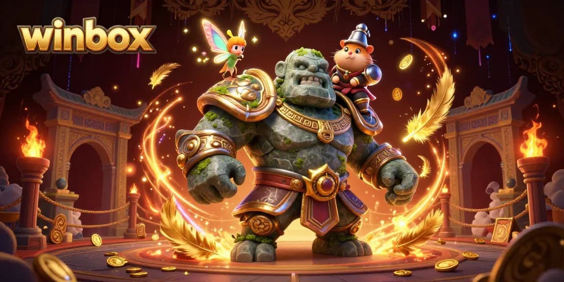 Winbox showcases a dynamic 3D digital illustration of a golem guardian and magical companions in a vibrant casino setting.