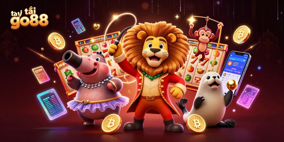 Tải go88 and experience immersive slots fun with vibrant 3D circus characters and dazzling gaming elements.