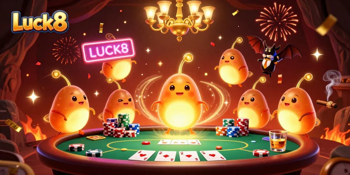 Luck8 casino scene with glowworms illuminating a lively poker game environment.