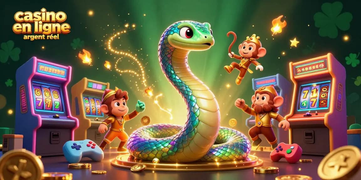 Jouez à des jeux de casino en ligne argent réel entourés de machines à sous étincelantes et d'un serpent coloré.