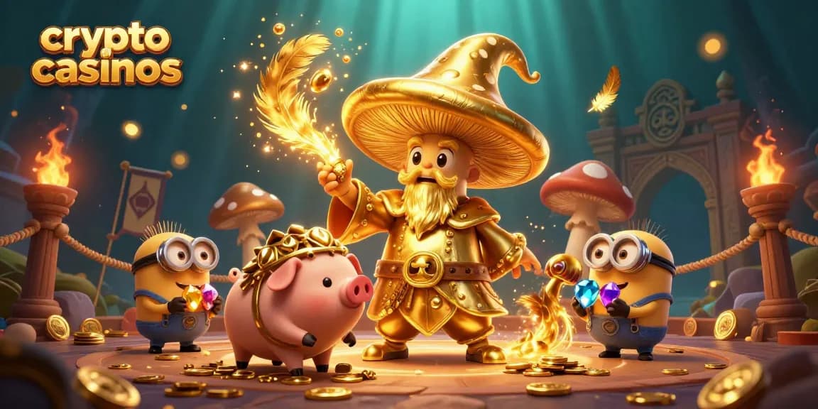 Jouer sur des crypto casinos avec un magicien et un cochon au trésor dans une illustration dynamique