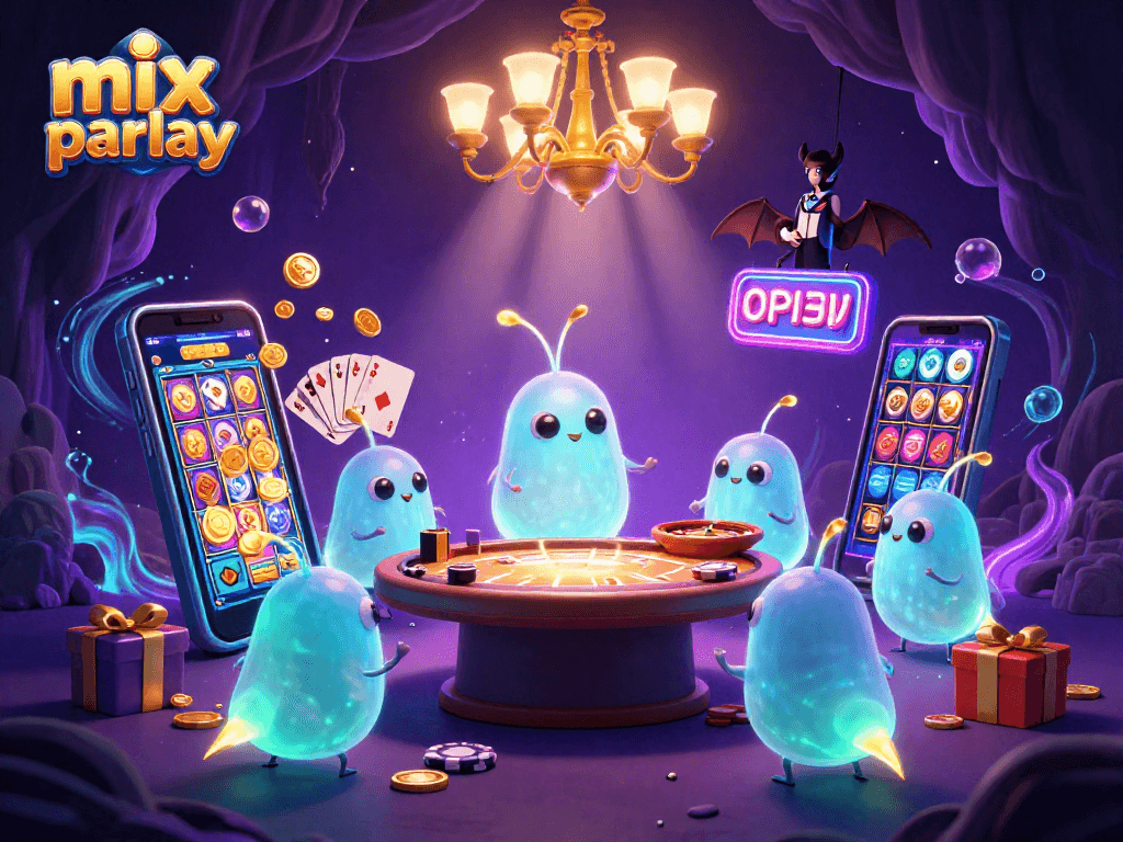 Experience the excitement of mix parlay betting with vibrant 3D illustration of a glowing casino scene featuring games and bioluminescent characters.