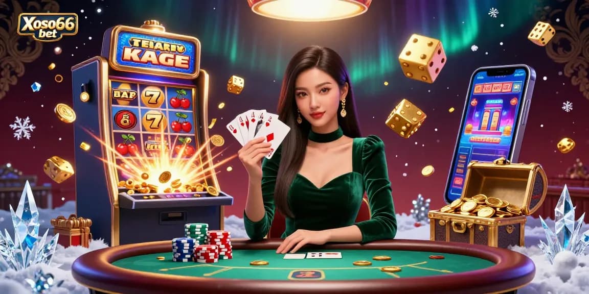 Engage in thrilling gameplay with Xoso66 bet, as the beautiful dealer in a velvet dress handles poker cards while slot machine symbols fly around.