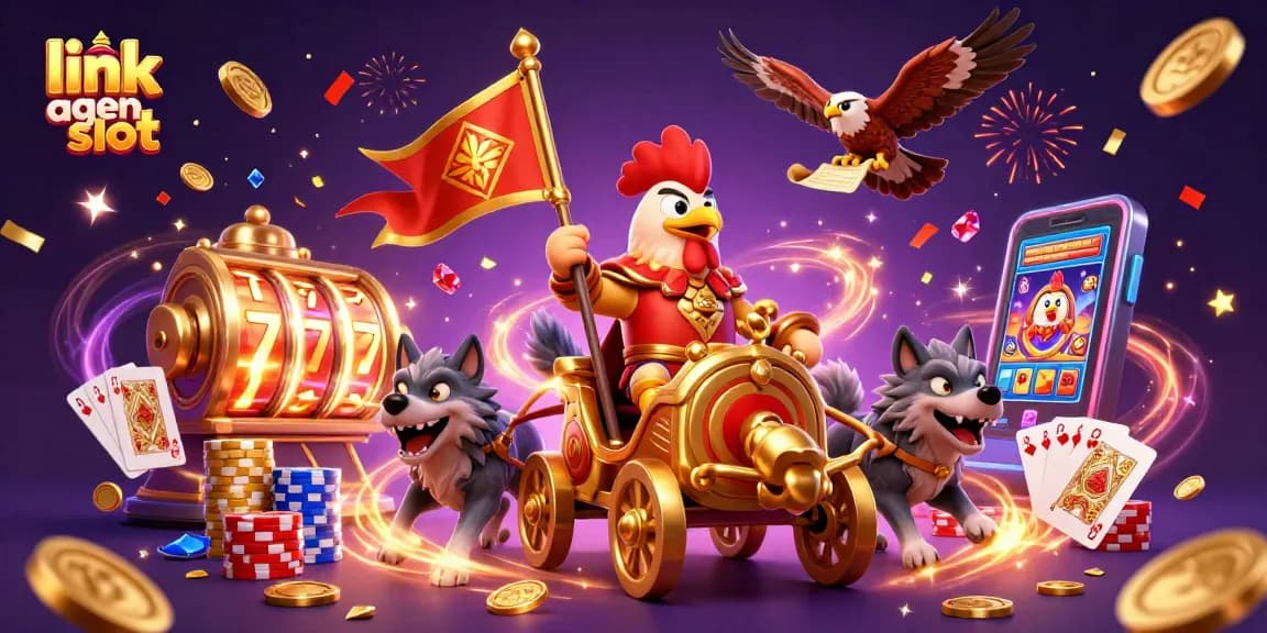 Play slots with excitement through link agen slot featuring a rooster warlord, coins, and colorful chips.