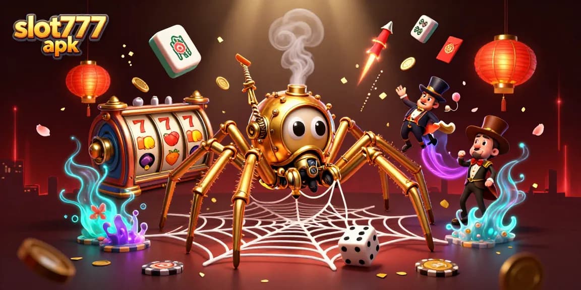 Spin to win with slot777 apk in a dynamic steampunk casino scene filled with vibrant elements.