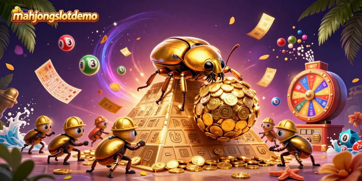 Play mahjongslotdemo with vibrant casino visuals featuring beetles and gold coins.