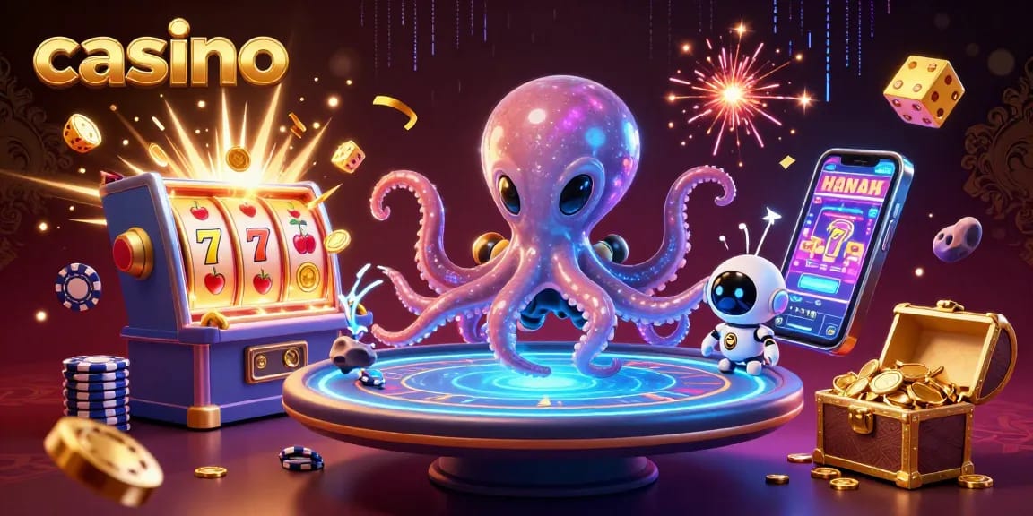 Exciting casino scene with alien octopus and robot playing poker, bursting slot machine