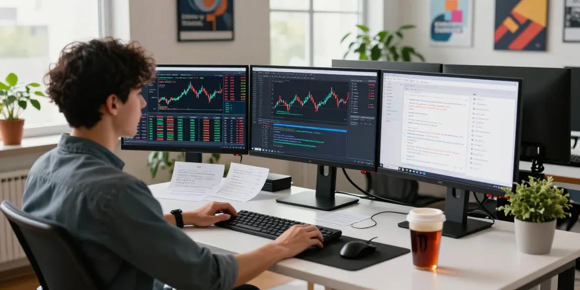 SGX个股实时报价接口开发环境，程序员专注于实时股票数据编程，现代办公桌前多屏显示