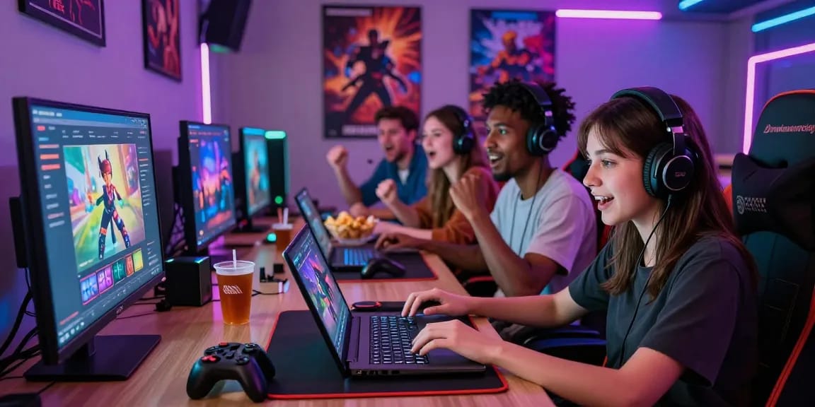 Group playing porngames in an exciting gaming lounge with vibrant lights.
