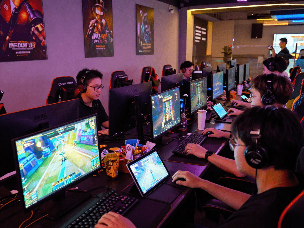 Engaging scene at Raja328 showing players enjoying diverse online games, including daftar raja328 options, in a vibrant gaming lounge.
