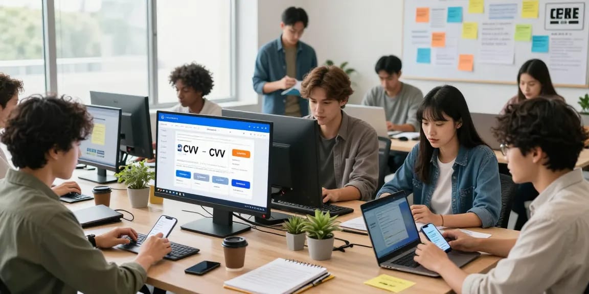 Group of professionals collaborating in a fresh cvv shop environment showcasing online purchasing dynamics