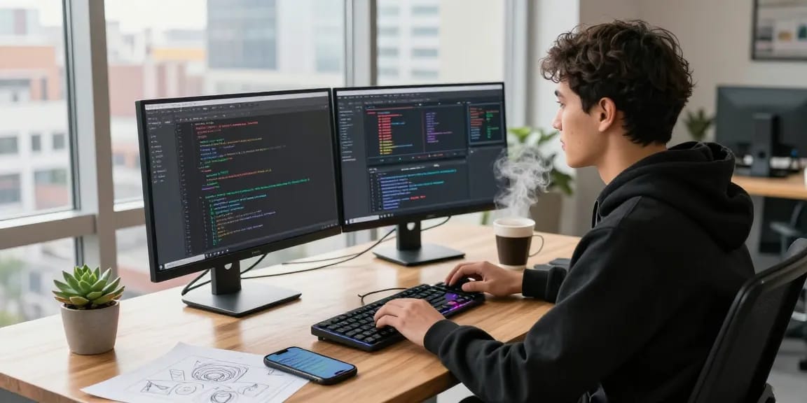 Dynamic software developer workspace at telegraimin.com with code and vibrant city view.