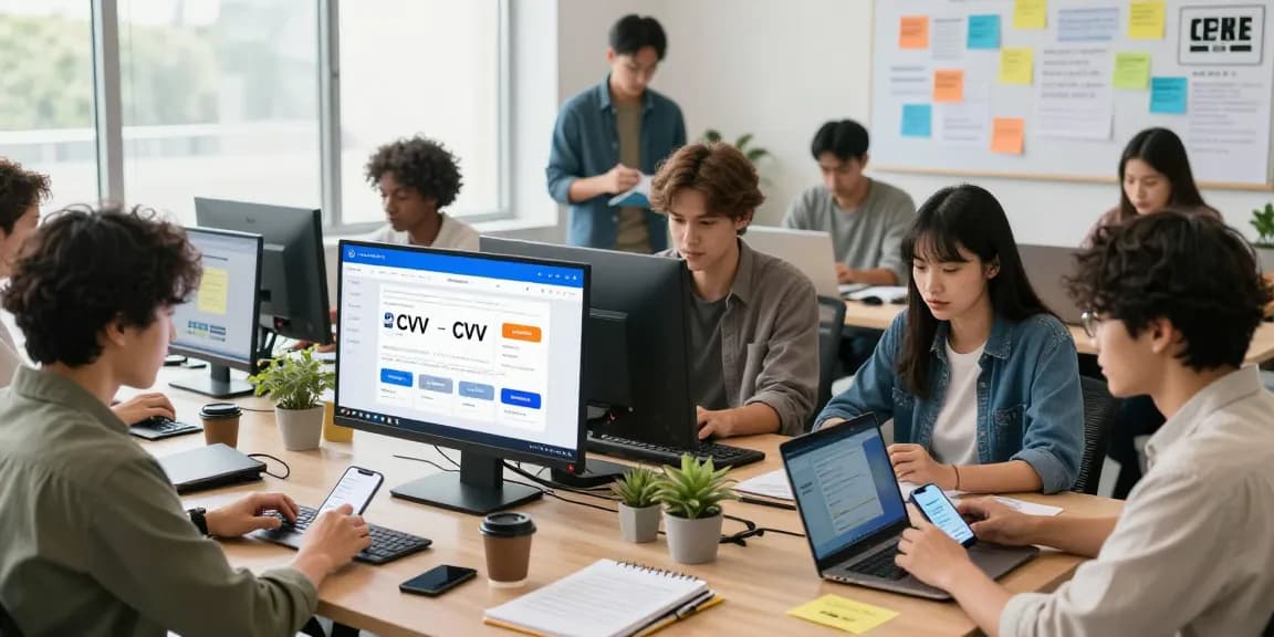 Group of professionals collaborating in a fresh cvv shop environment showcasing online purchasing dynamics