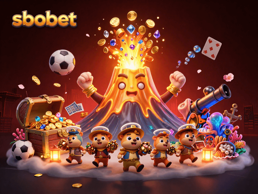 SBOBET offers thrilling sports betting experiences with vibrant visuals of treasures and excitement.