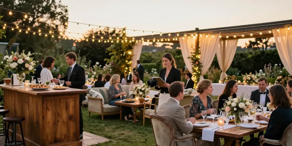 Event rentals setup for a stunning outdoor wedding reception with floral decor and elegant seating.