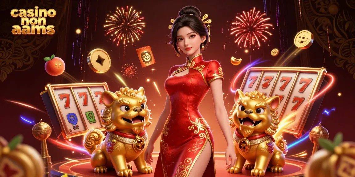 Scena coinvolgente di una donna glamour in un casino non aams circondata da slot machine e fuochi d'artificio festivi.