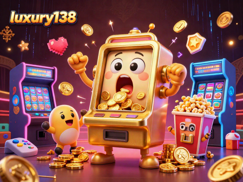 luxury138 mesin slot emas mengeluarkan koin saat jackpot, meriah dengan mesin slot kecil dan popcorn