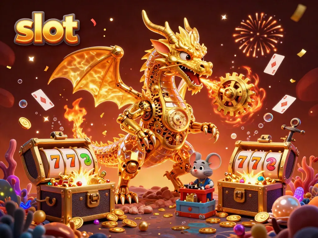 Experience thrilling slot action with a biomechanical dragon and vibrant game elements.