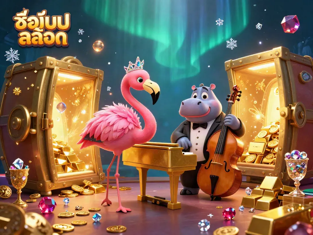 Experience the allure of ชื่อเกมสล็อต with a vibrant casino scene featuring a flamingo singer and hippo bassist.