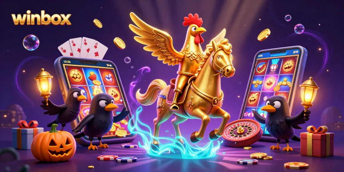 Play exciting slot games at Winbox while enjoying golden rooster adventures in a casino illustration.