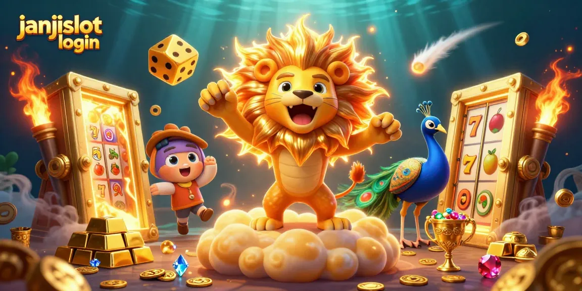 Win big with janjislot login in this vibrant 3D casino-themed illustration featuring a roaring lion and golden treasures.