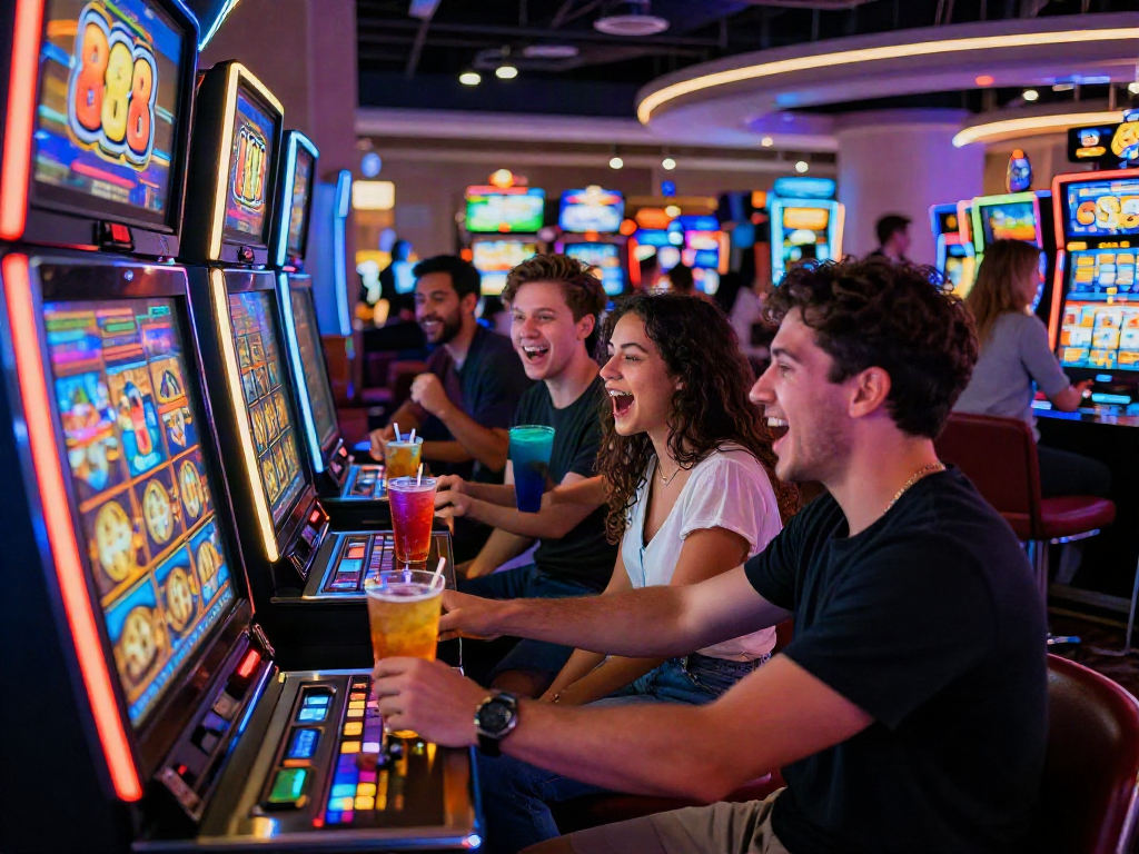 Group of friends celebrating near slot88 machine in vibrant casino setting.