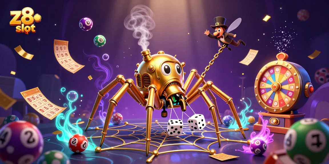 Engage in z8 slot excitement with a dynamic steampunk spider webbing golden chains, capturing the thrill of gambling.