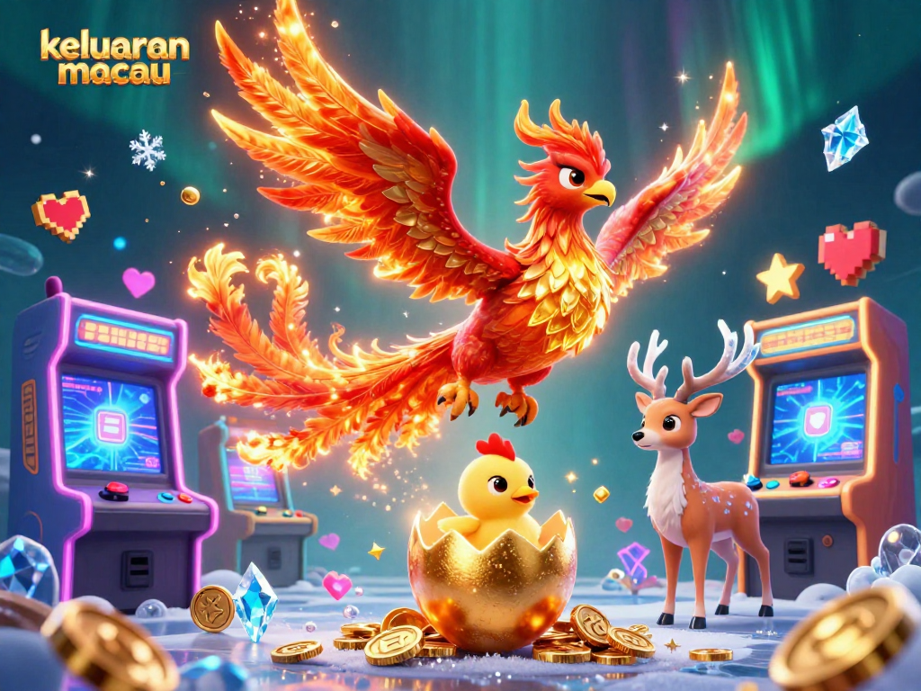 Engage with keluaran macau through vibrant phoenix and stag characters amidst dynamic gaming elements.