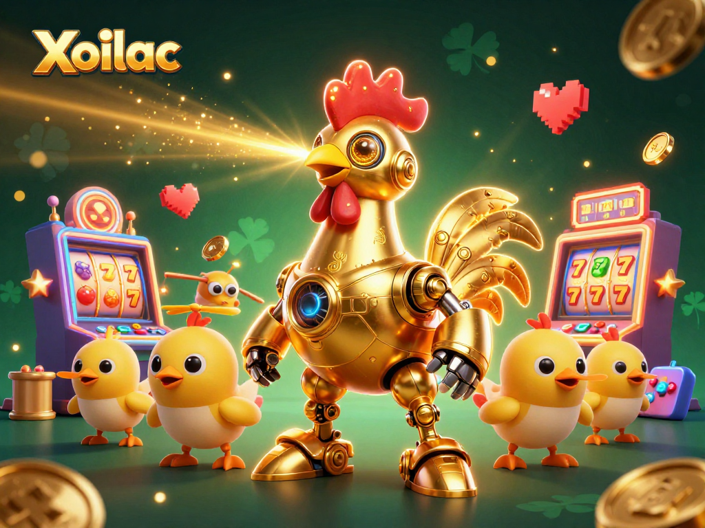 Xoilac slot gaming poster featuring a golden rooster robot and vibrant game machines for casino excitement.