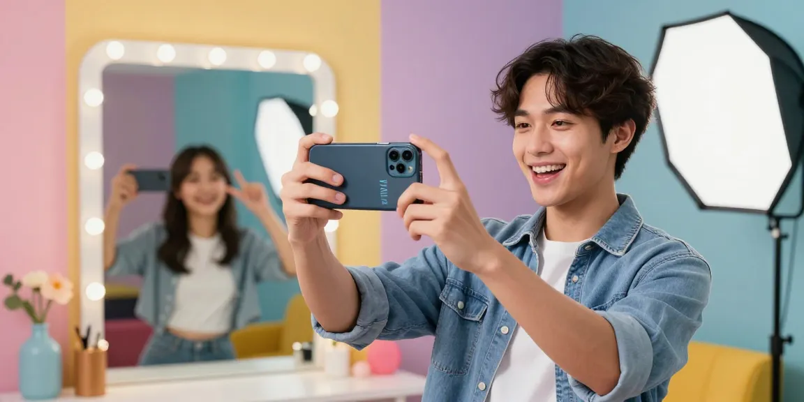 Person excitedly engaging in an attractive test selfie session with vibrant studio backdrop.