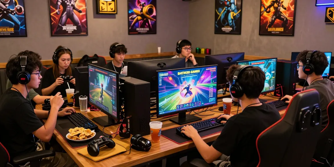 BATIK88 GAMES, suasana kafe gaming yang ramai dengan pemain menikmati permainan online.