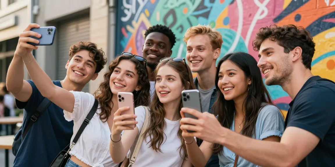 Group of friends using smartphones to discover celebrities look alike in a vibrant urban setting.