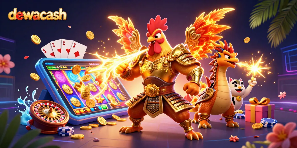 Dewacash showcases a captivating scene with a rooster warrior, dragon hatchling, and casino elements.