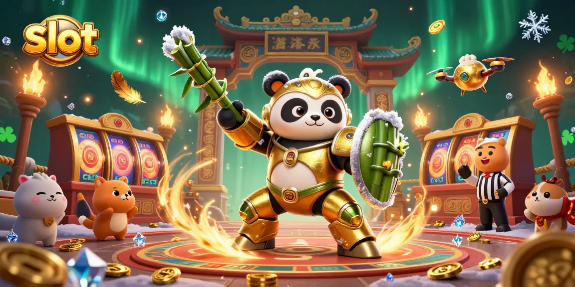 Menghadapi slot dengan panda emas dalam robot tempur di arena kasino yang ramai.