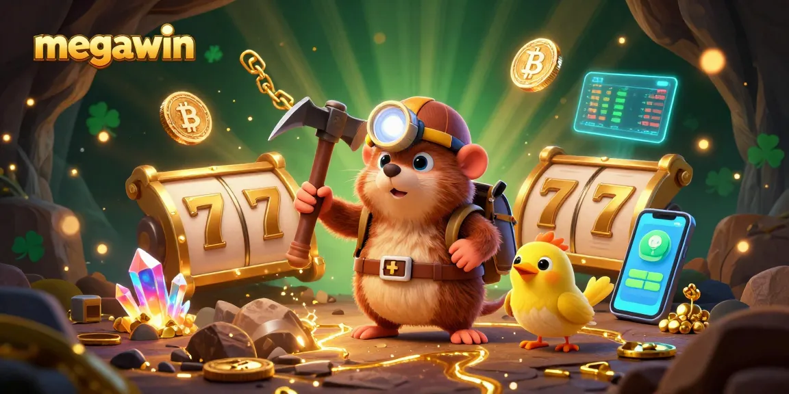 Experience a megawin in a vibrant casino scene with a treasure hunter mole and slot reels.