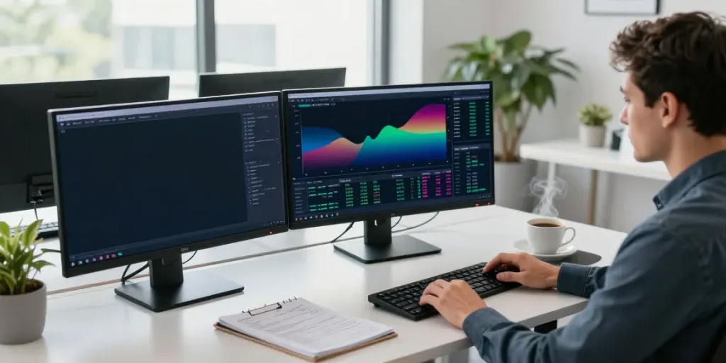 Trader using MetaTrader 5 in a modern office setting with multiple screens