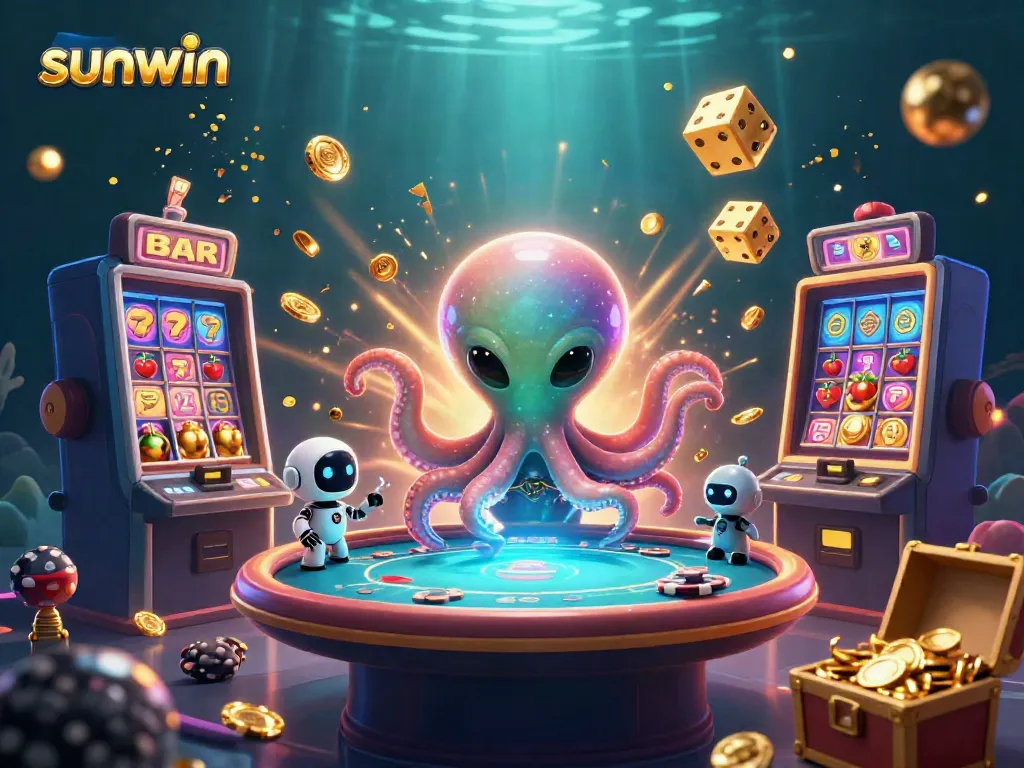 Experience thrilling winning moments with Sunwin in a vibrant 3D casino scene featuring an octopus and robot.