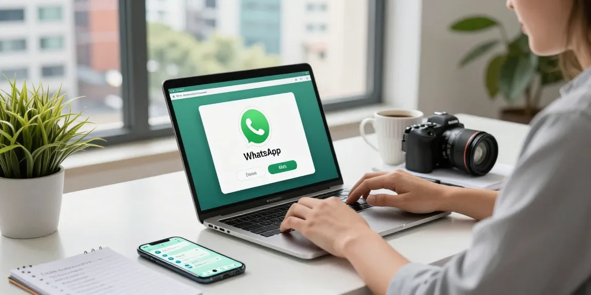 Professional using WhatsApp網頁版 at modern workspace with laptop and smartphone.