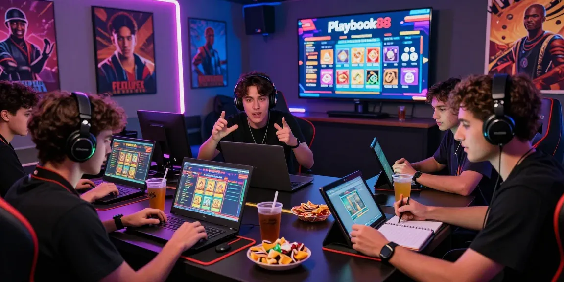 Engaging gaming scene with diverse players enjoying Playbook88 slot games in a vibrant, neon-lit environment.