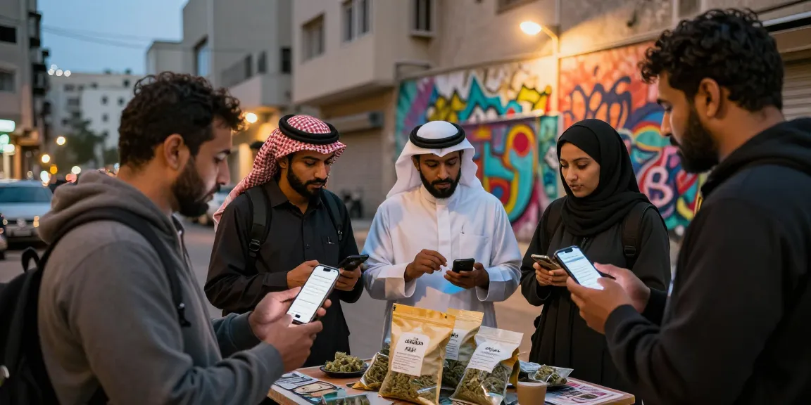 How Do I Get High Quality Cannabis Strains In Saudi Arabia? Street scene showing conversations about cannabis acquisition and online dispensaries.