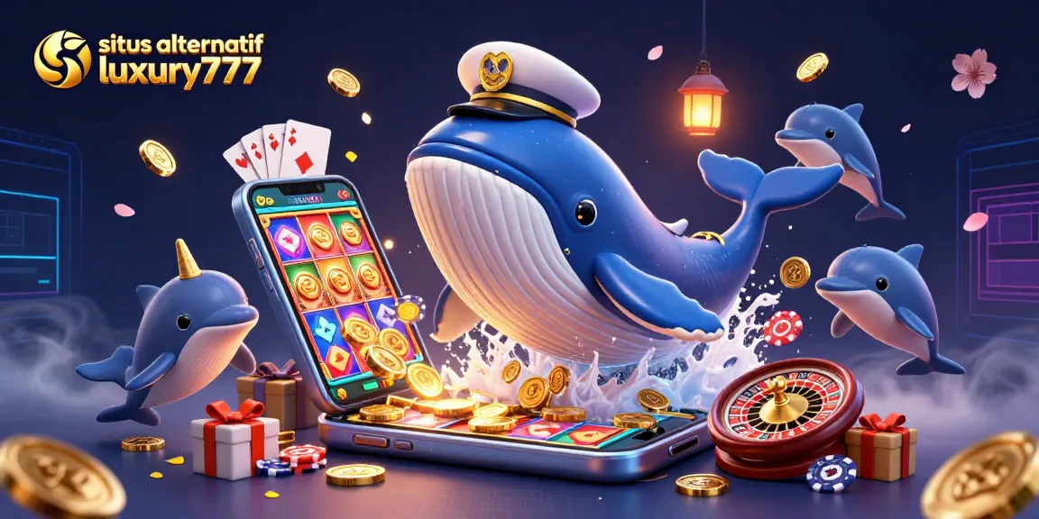 Situs alternatif luxury777 showcases a vibrant scene with a cartoon whale, narwhal, and dolphins amidst dynamic casino elements.