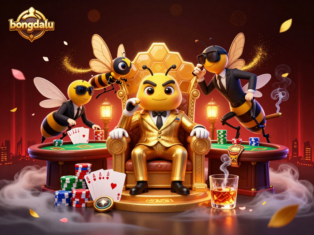Bongdalu showcases a vibrant, animated casino scene with a bumblebee mob boss and poker elements.