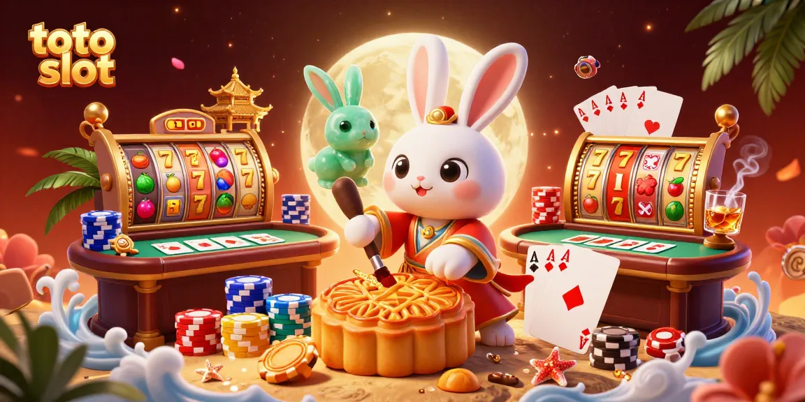 Toto slot illustration featuring a moon rabbit with poker chips and vibrant game elements for an engaging casino experience.