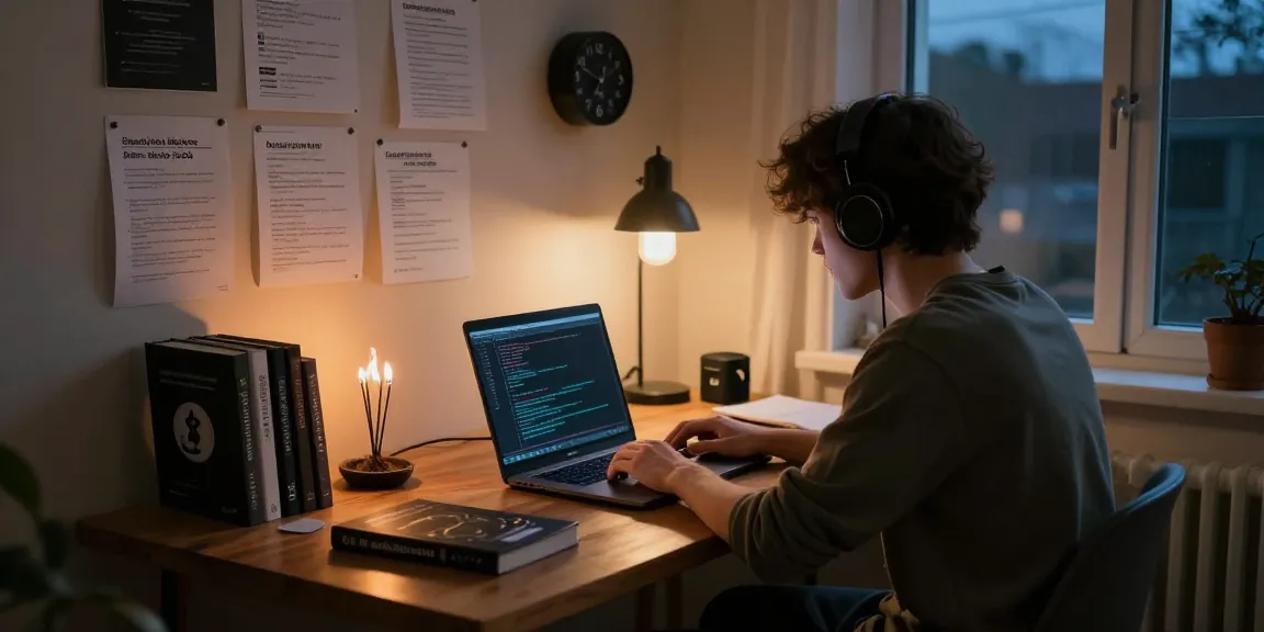 Person researching Best Darknet Markets 2026 in a cozy dimly lit workspace, laptop open with cryptocurrency books and notes.