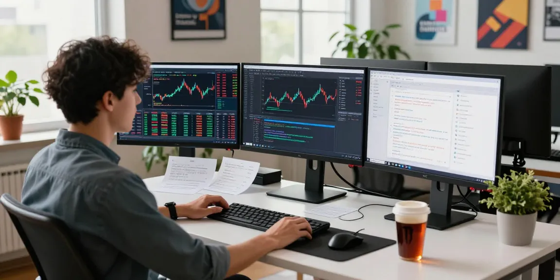 SGX个股实时报价接口开发环境，程序员专注于实时股票数据编程，现代办公桌前多屏显示