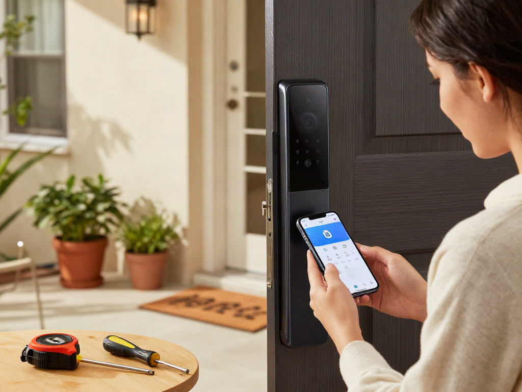 خرید قفل هوشمند displayed through a modern smart lock on a front door, showcasing home security.