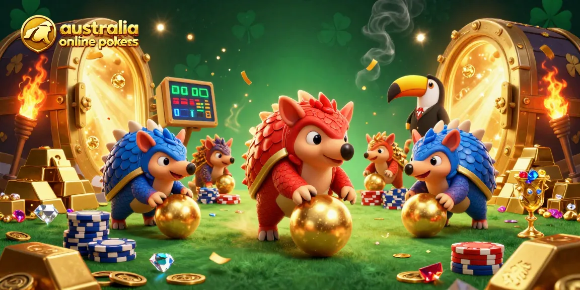 Experience thrilling gameplay with australia online pokies as rival pangolins compete amid golden treasures and poker chips.