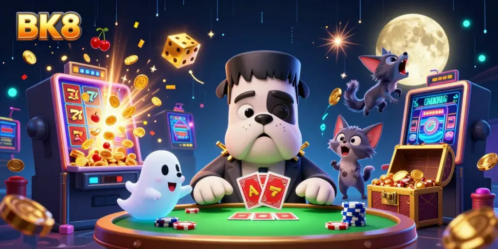 BK8 features a lively 3D cartoon scene with unique characters and vibrant casino elements.