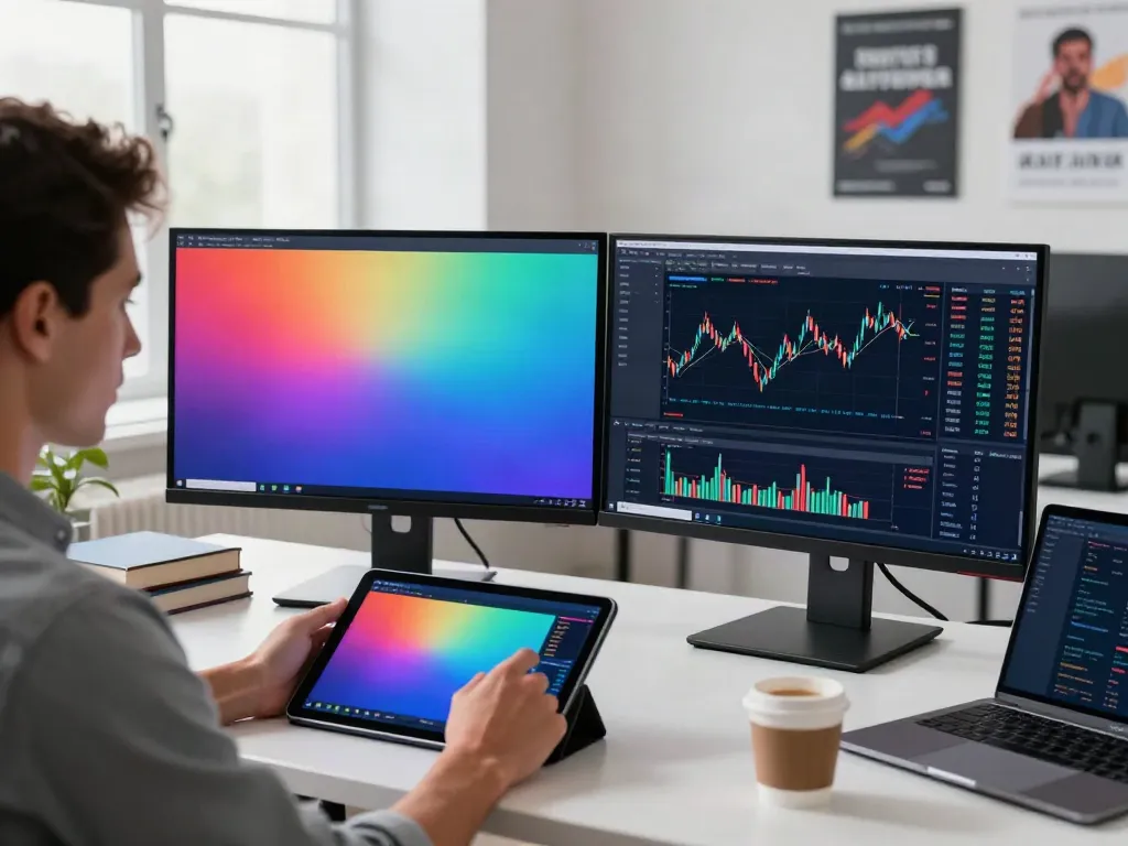 Engaged trader utilizing tradingview官网 on dual monitors in a modern office.