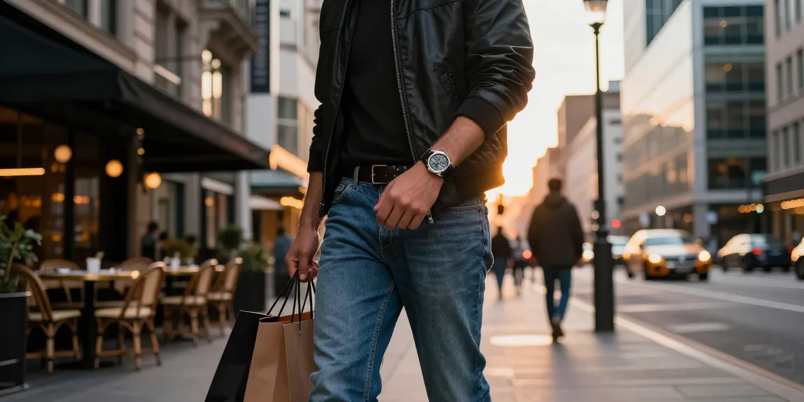 Stylish individual showcasing a luxury clone watch in a vibrant city street setting